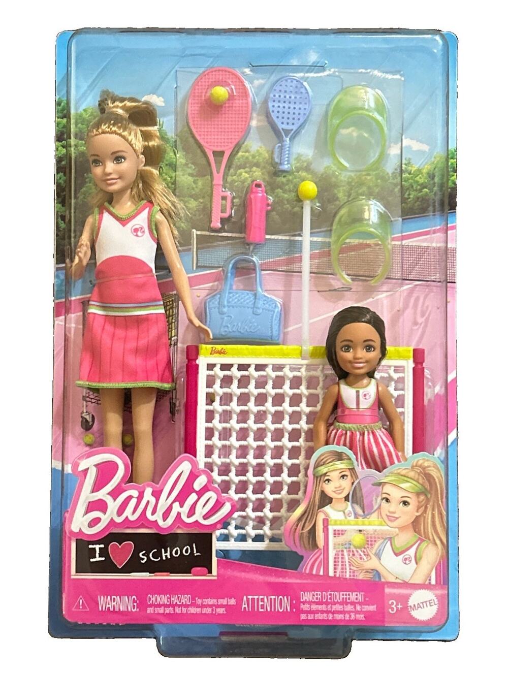 Barbie I Love School Stacie & Chelsea Doll Tennis Set HRG83 Net Ball Rackets New